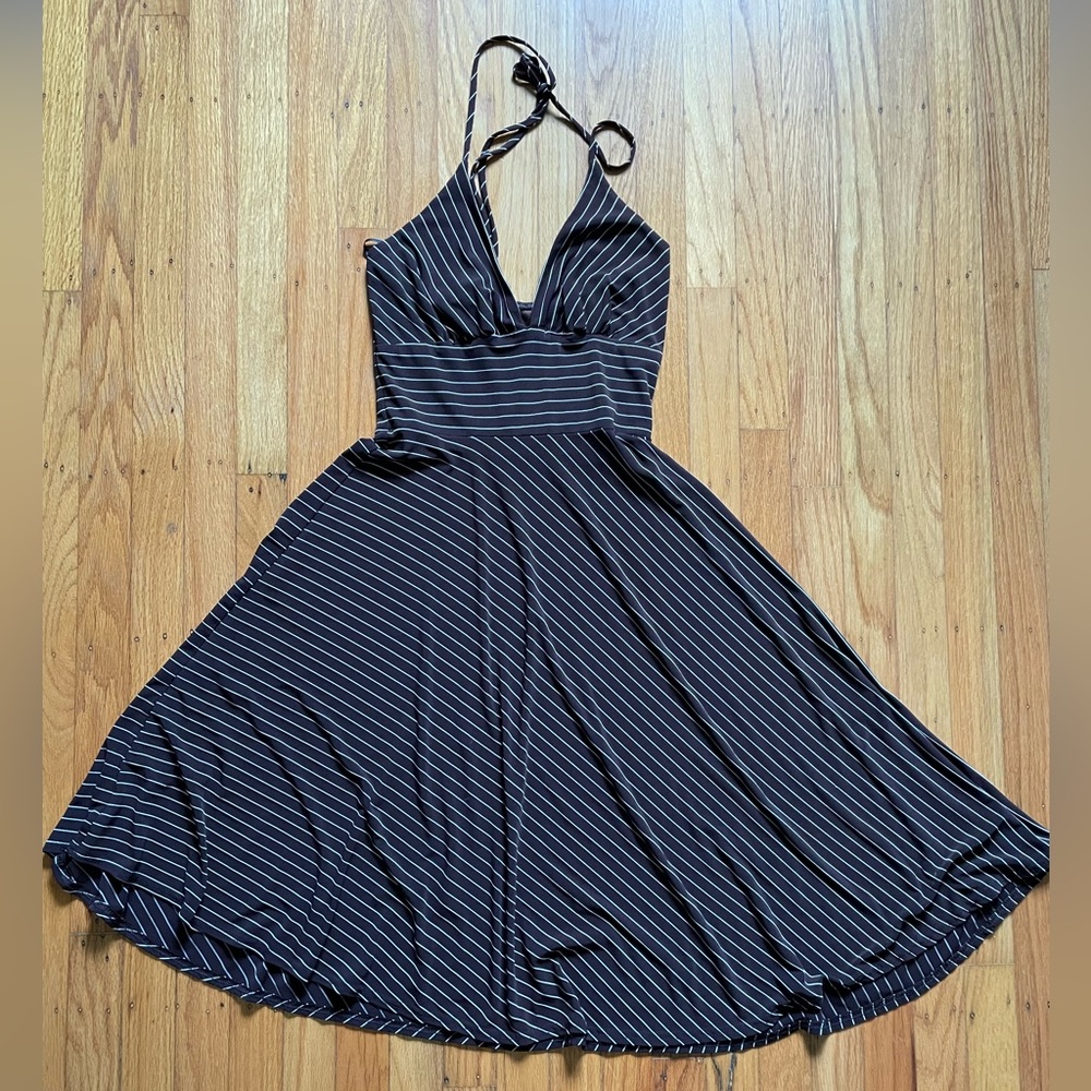 Allyn Paige brown and white stripped halter dress with asymmetrical skirt